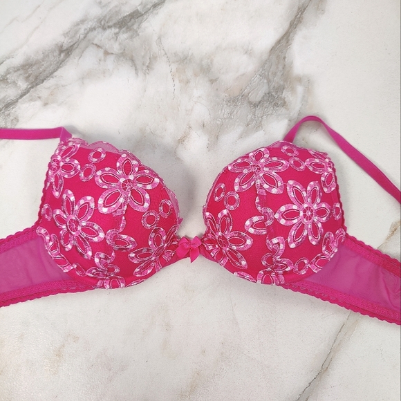 Aerie Pink Floral Embroidered Lace Mesh Push Up Bra, Sz 32B - Picture 1 of 11